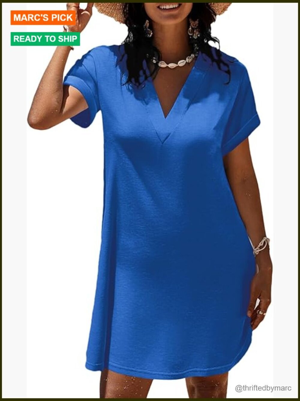 Women's Beach Coverup V Neck Short Sleeve Swimwear T-Shirt Dress with Pockets